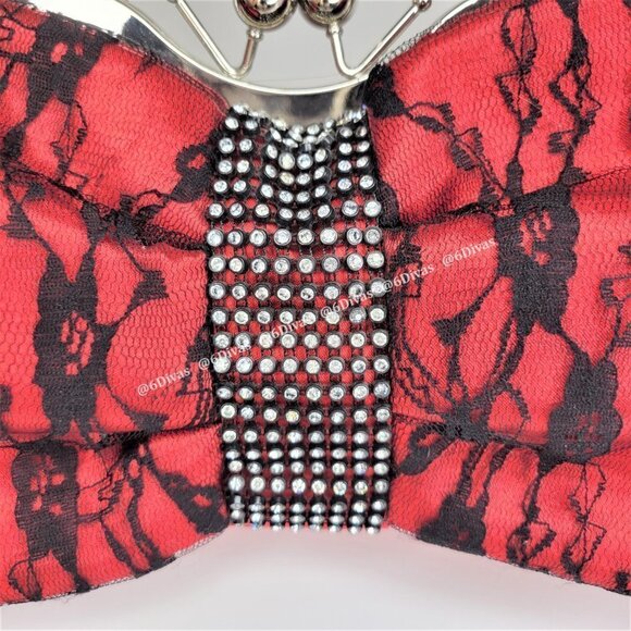 Red Satin Glitter Evening Purse With Large Bow Accent - Picture 9 of 13